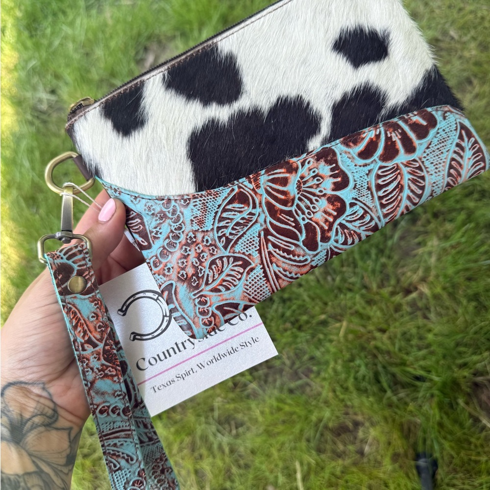 Cowhide and Tooled Leather Wristlet